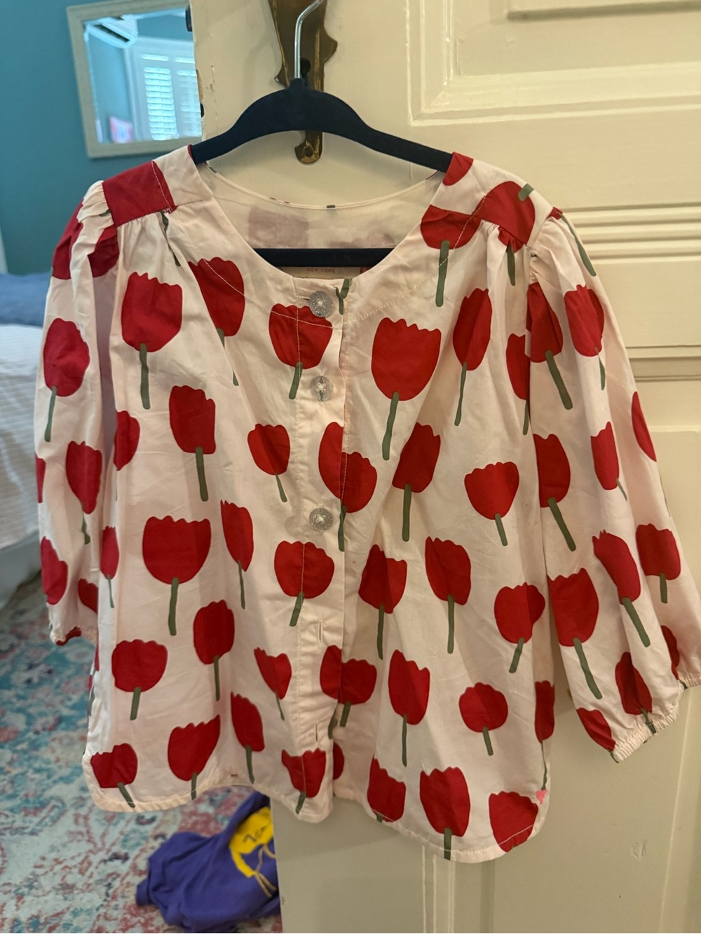 Pink Chicken White Blouse with Red Tulip Print